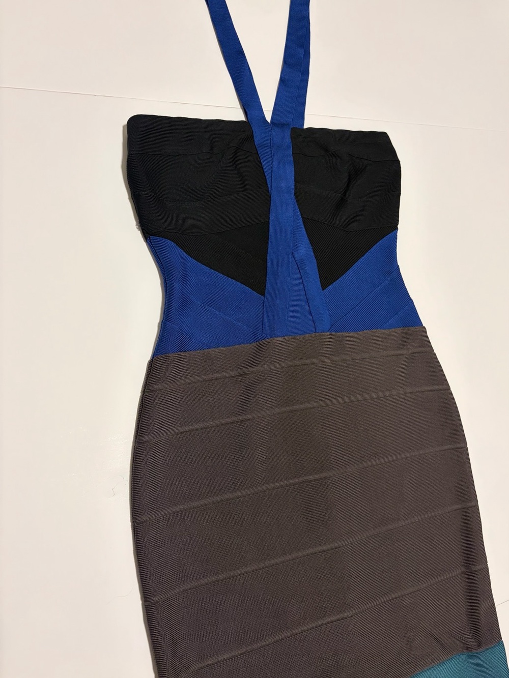 Herve Leger Black, Blue and Brown One-Shoulder Bandage Dress